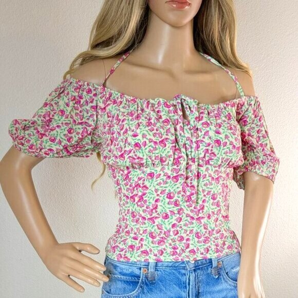 ASTR Smocked Halter-Tie Blouse Top Size XL Cropped Floral Short Puff Sleeve NWT - Picture 1 of 16